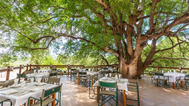 Kwa Nokeng Lodge - The dining area on the deck overlooking the Limpopo River