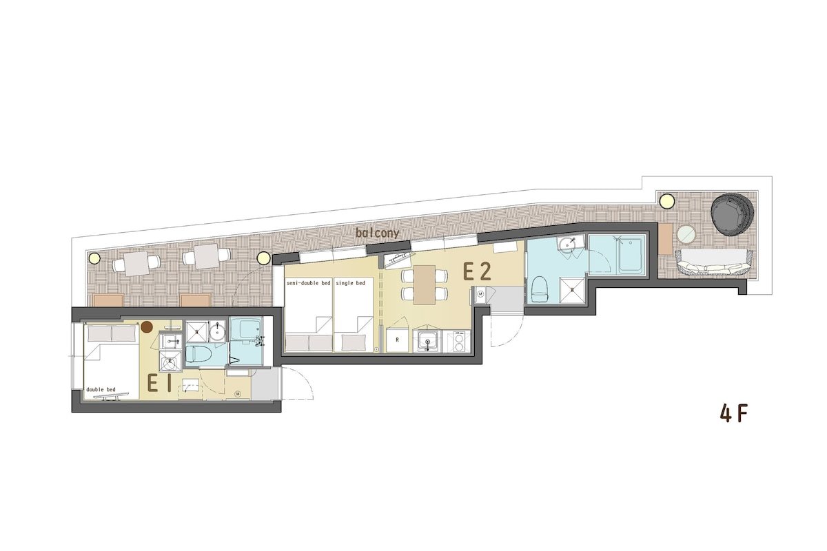 NEW/新築/4階/新宿/神楽坂/駅徒歩2分/2寝室/2バスルーム/2トイレ/最大5名/EV無し/E gallery image 3