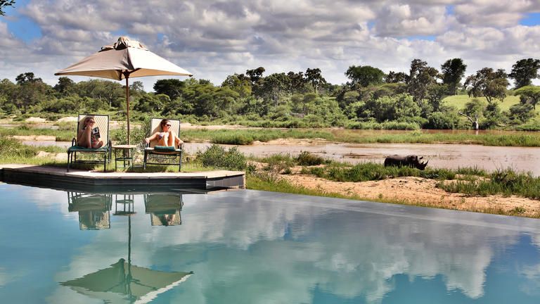 One need not to leave the camp to enjoy Africa's most spectacular wildlife! - Visitors marvel at a rhino from the infinity pool overlooking the Sand Rhino