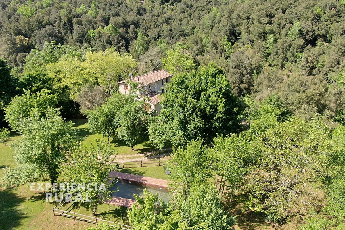 Masía aislada con piscina rodeada de bosques