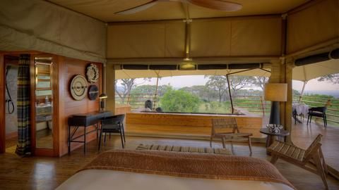 tented suite at Serengeti Bushtops - the tent opens up on two sides and has awe inspiring views of the Serengeti below