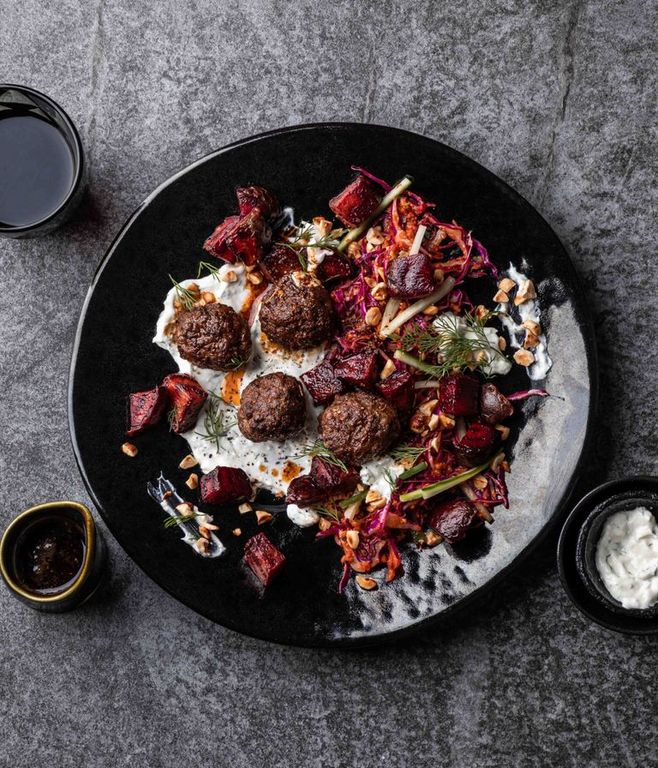 Photo of Beets, Whipped Feta & Beef Meatballs