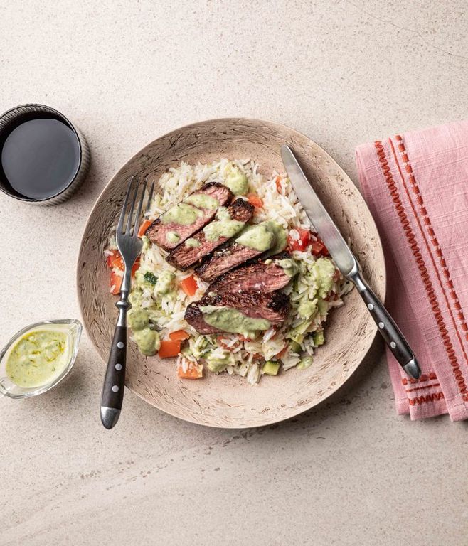 Photo of Pesto Rice Salad & Ostrich Steak