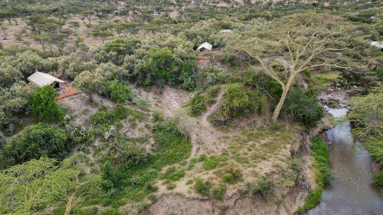 Porini Giraffe Camp - aerial view of river  & camp