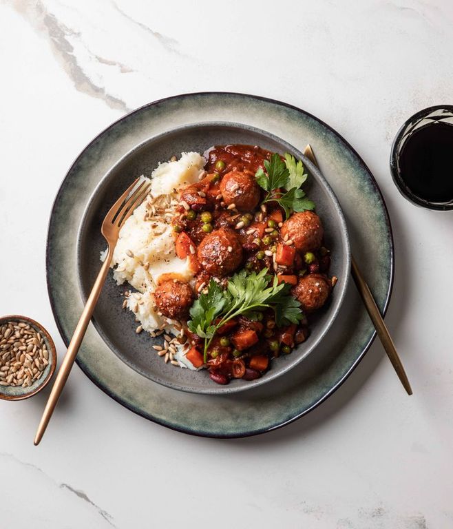 Photo of Saucy Vegan Meatballs & Mashed Potato