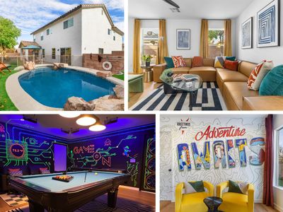 6BDRM Amazing NEON Game Room+Heated Pool -NEW-