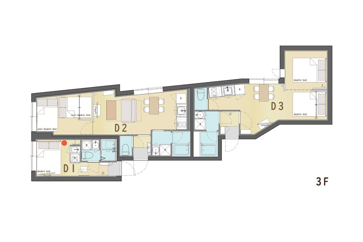 NEW/新築3階/新宿/神楽坂/駅徒歩2分/3寝室/3バスルーム/3トイレ/最大10名/EV無し/D gallery image 3