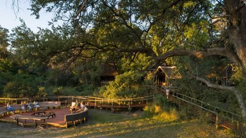 Camp Moremi Main Area and Fire Deck - Aerial view of the main lodge and fire deck