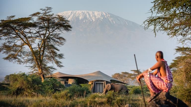 Guest Suite, Elephant, Mount Kilimanjaro and Maasai Warrior