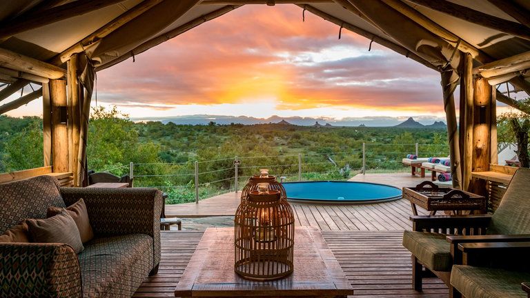 Communal lounge view with swimming pool