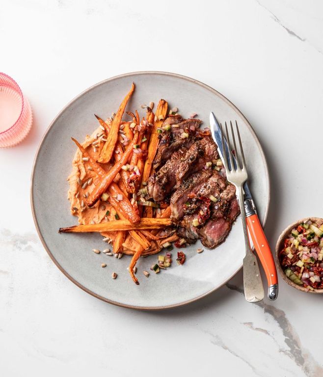 Photo of Red Pepper Hummus & Ostrich Steak