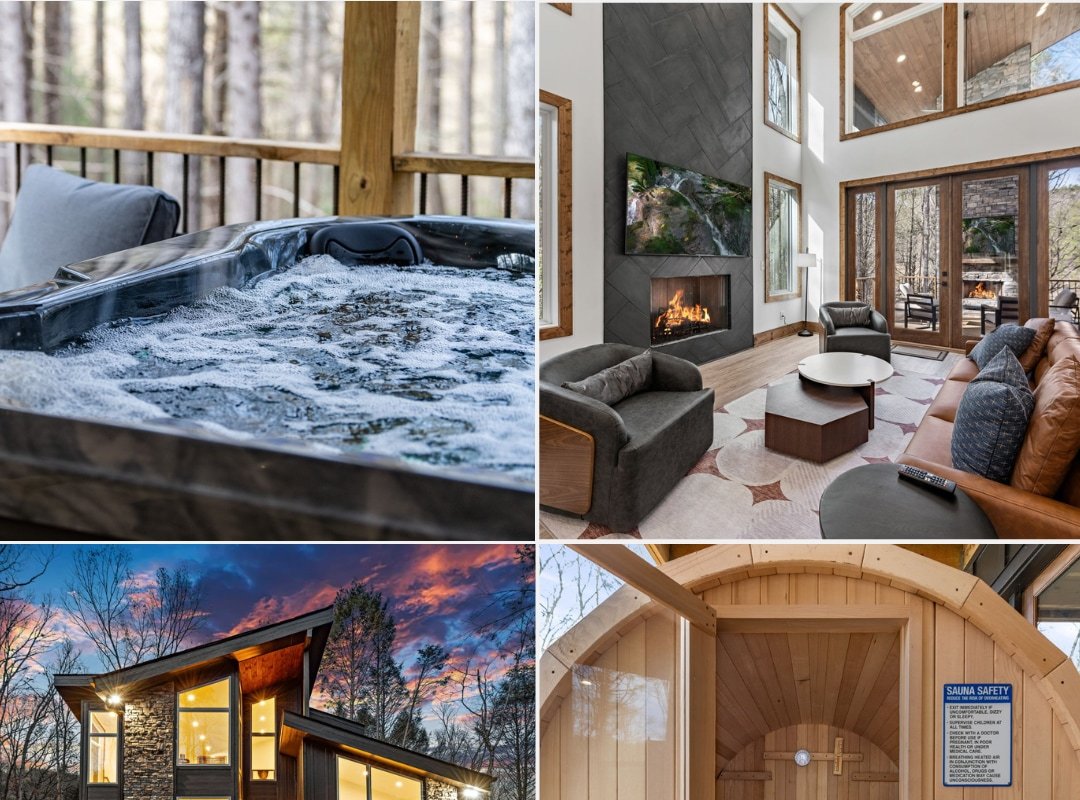 LUXE Chalet! Hot Tub, Sauna, Arcade, 3 King, Creek